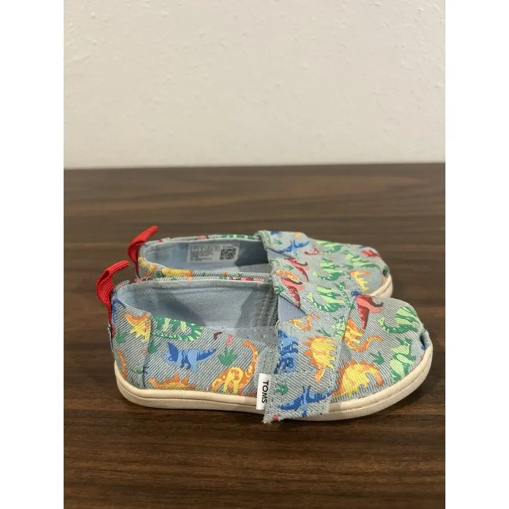 TOMS Alpargata Blue Denim Dino Slip‎ On Toddler Size 7 Shoes Dinosaur Sneakers